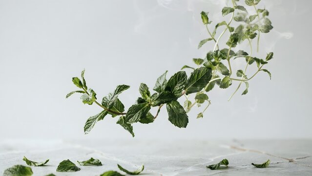 Diagonal arc of fresh mint leaves on a stone surface &ndash; Ideal for organic skincare promotions, premium gin branding, or detox lifestyle blogs.