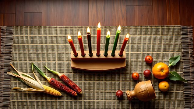 Elegant Kwanzaa celebration background with traditional symbols like the Kinara, candles, and Mkeka mat