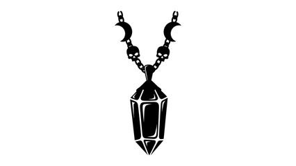 Gothic Crystal Necklace with Moon and Skull Accents: A striking black necklace featuring a faceted crystal pendant, accented with a chain adorned with crescent moons and skull charms. © Abu