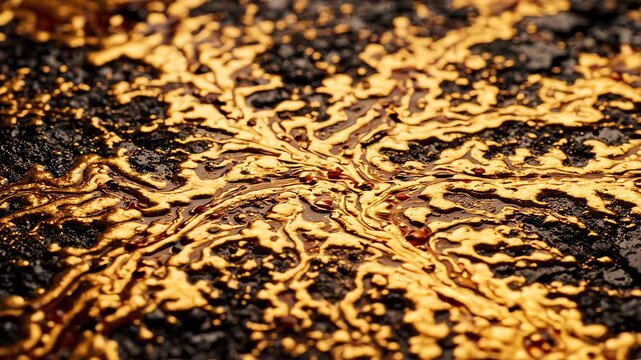 Cinematic macro view of golden and brown organic vein patterns spreading across a dark textured surface in a fluid looping motion