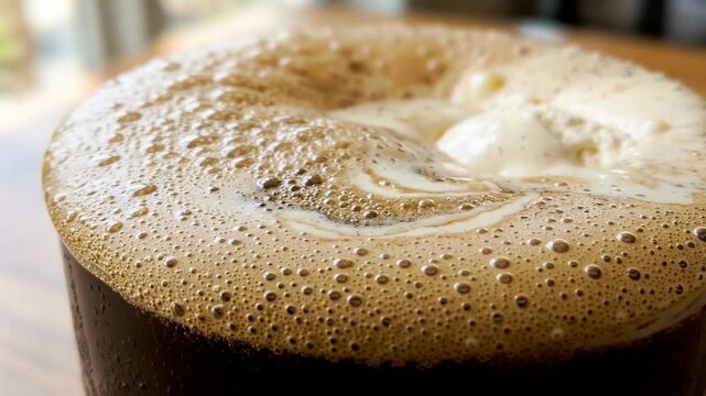 Close-up of a creamy soda float with rich foam and melted ice cream on top in a glass cup