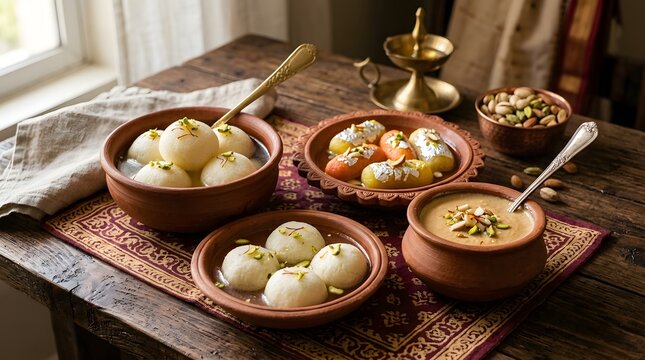 Assorted traditional bengali desserts arranged on a rustic wooden table featuring rasgulla in clay bowls alongside bowl of nuts and glowing antique lamp for festive celebration.