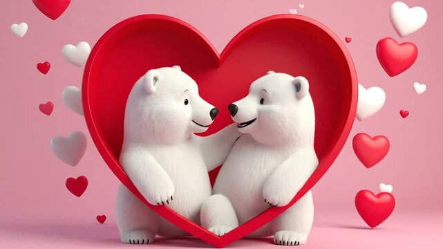 Two cute white bears inside a large red heart shape frame