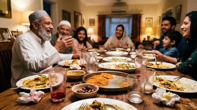 Large muslim family gathering for traditional dinner at home with variety of south asian dishes and sweets shared among smiling grandparents parents and children indoor.