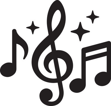 Black music note symbols with treble clef and shiny stars icon isolated on transparent background, Vector, illustration