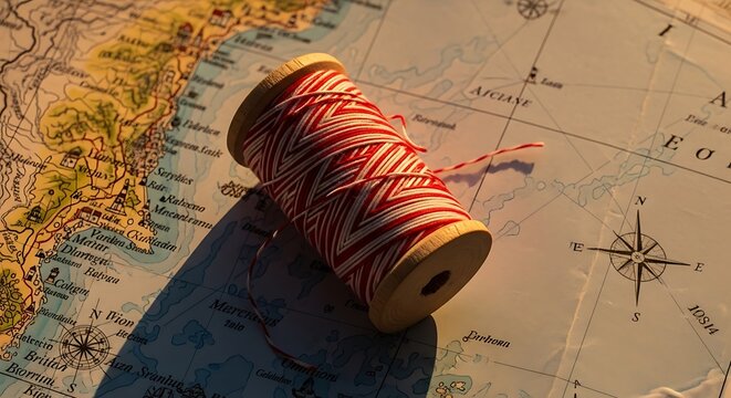 Red and white thread spool on an antique world map for travel planning
