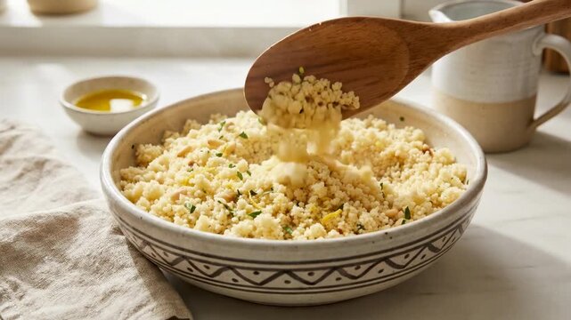 A close-up of fluffy couscous topped with herbs, served in a decorative bowl with a wooden spoon and olive oil on the side