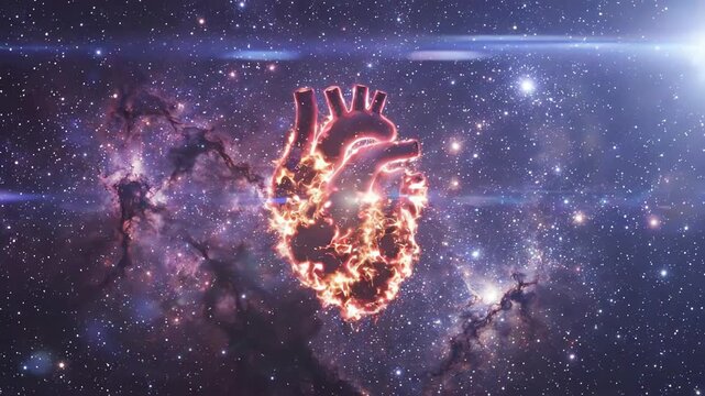 Cinematic slow motion shot of a pulsating cosmic heart of energy sparks illuminating a deep space background with ethereal light