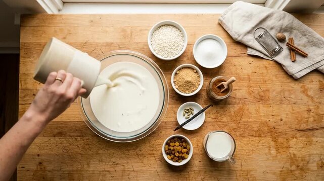 A top-down view of a hand pouring milk into a bowl surrounded by various ingredients on a wooden countertop