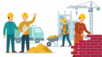 Construction workers at building site with crane, truck, and building materials © Nomadic