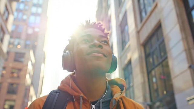 A young man wearing headphones walks through a bright city street