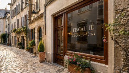 Obraz premium Charming cobblestone street with cozy store front and flowers