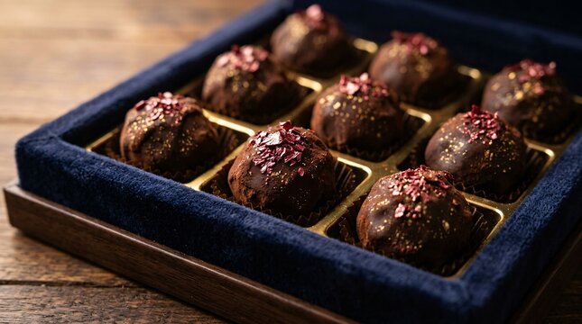 Decadent dark chocolate truffles adorned with edible ruby flakes sitting inside a sleek velvet-lined gift box, exquisite macro food detail.