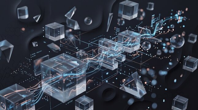 Futuristic data visualization backdrop, floating frosted glass polygons, dark neomorphic UI environment, neon cyan data lines with warm copper accents, shallow depth of field, premium corporate aesthe