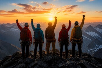 Obraz premium Group of hikers celebrating summit at mountain sunrise