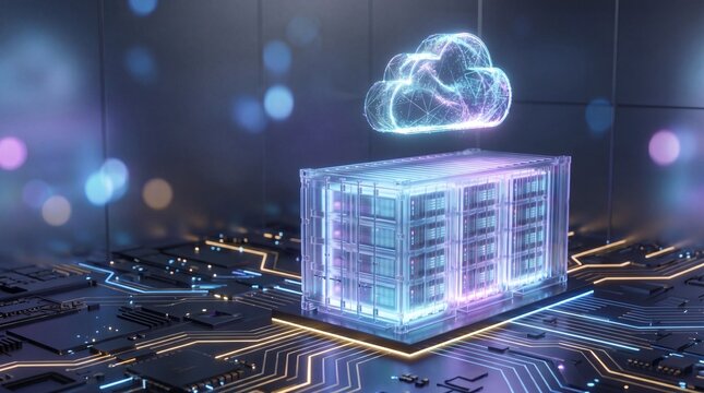 Holographic cargo container data center on circuit board with glowing cloud network logo, Conceptual modular cloud storage server, IoT motherboard and virtual data infrastructure