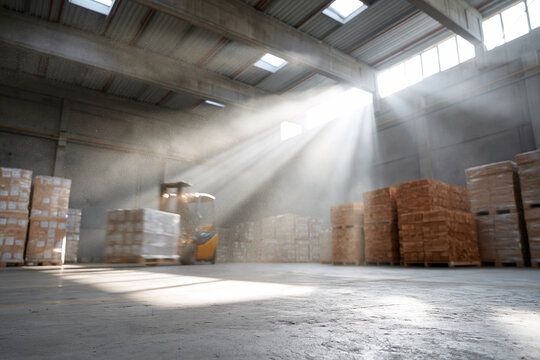 Sunbeams pierce dusty air in a vast warehouse. Stacks of crates line concrete floors and high walls. Forklift moves silently through the light. Hue city, Vietnam - 02 June 2026