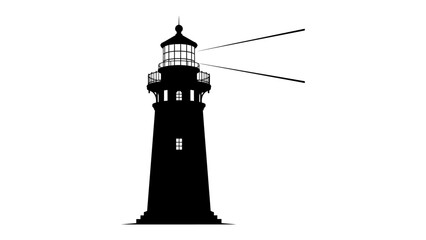 Lighthouse Silhouette: A striking black silhouette of a lighthouse stands tall against a white background, its beacon projecting bright beams of light into the darkness, symbolizing guidance and hope. © Abu