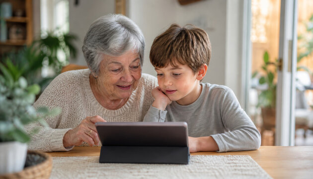 Elderly woman and boy enjoying digital time together at home