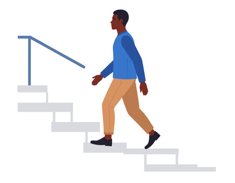 Man walking up a flight of stairs outdoors. Career progression, active lifestyle, and daily commute concept. Flat vector illustration.