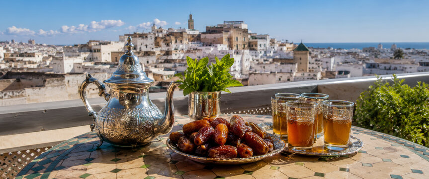 Traditional moroccan tea set with dates against city view