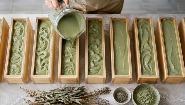 Pouring green soap mixture into wooden molds for crafting