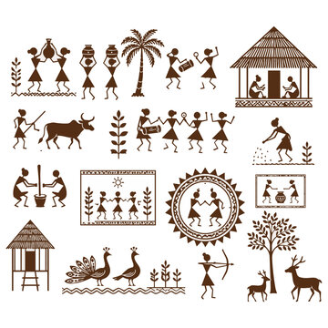 Indian Warli Folk Art Elements and Tribal Culture Collection Flat Vector Illustration