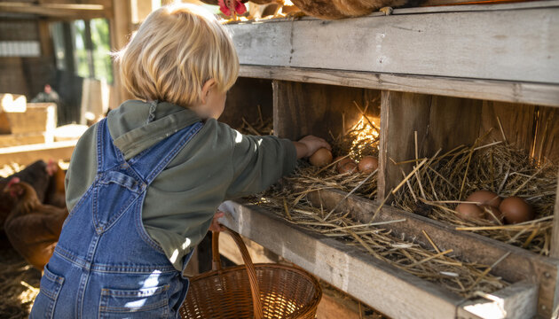Young child collecting eggs in a rustic barn setting