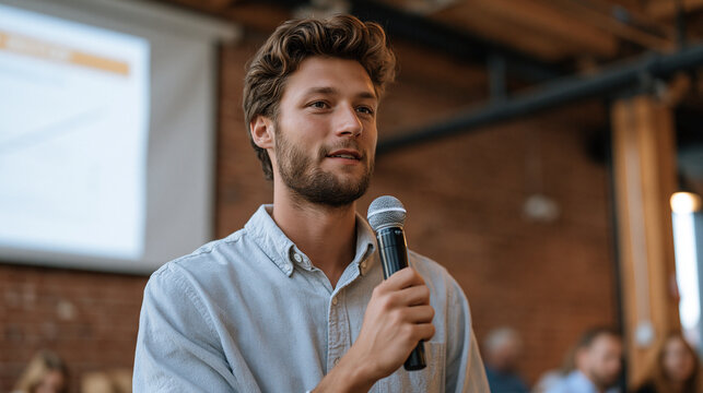 Space startup accelerator demo day features founder pitching reusable rocket economics to investor panel inside converted loft venue, projected slides showing cost-per-kilogram