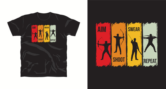 Retro archery t-shirt design featuring bowman silhouette with aim shoot swear repeat text.