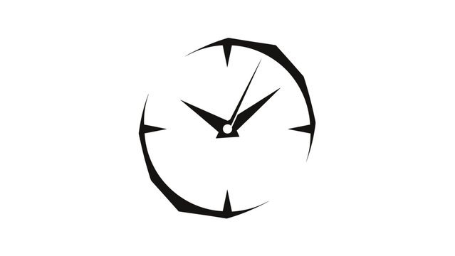 A minimalist black clock face with sharp, geometric hands on a white background