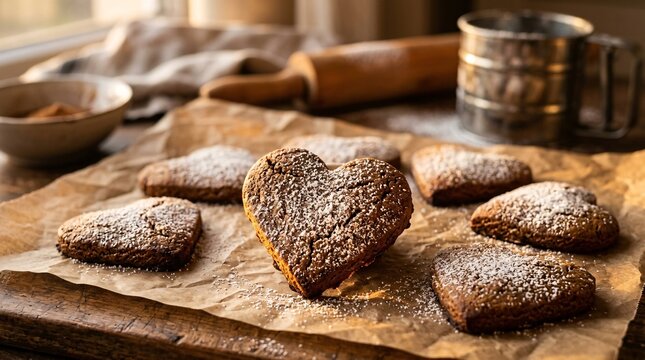 Freshly baked heart-shaped gingerbread cookies dusted with sparkling white powdered sugar on brown parchment paper, warm golden hour light