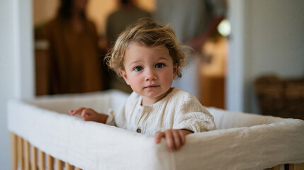Fototapeta premium Toddler peering over edge of infant bassinet with mixture of curiosity and suspicion while parents watch from doorway, small hand extended toward sleeping baby, the pivotal moment
