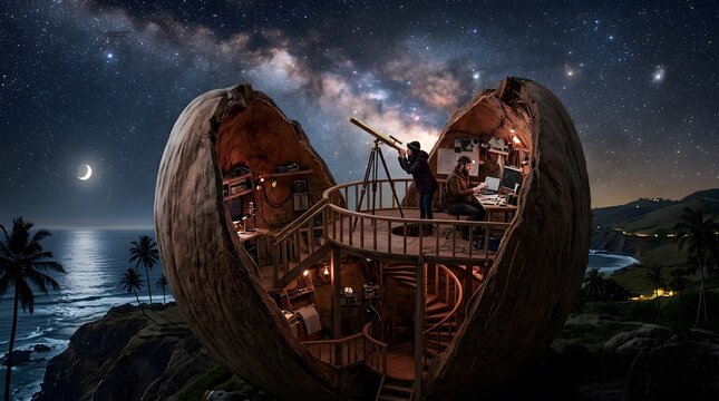 Observatory inside giant cracked coconut shell on tropical coast under starry milky way sky with astronomer using telescope and laptop for celestial research at night.