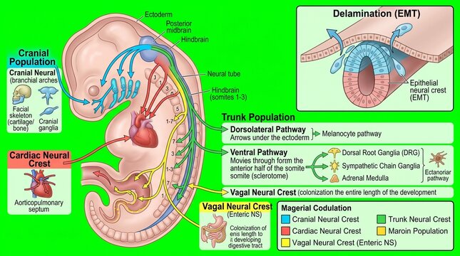 Neural Crest Cell Migration Pathways &ndash; Embryonic Development Diagram