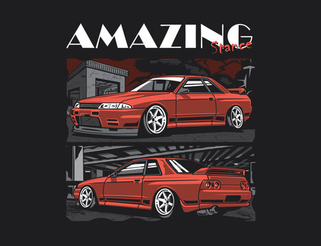 Nostalgic 90s Car vector With Double View and Background Illustration