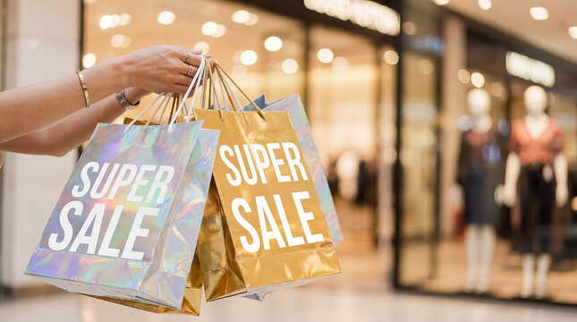 super sale holographic shopping bags retail promotion discount shiny metallic bags catch mall light with super sale text creating energetic premium bargain appeal for shopping center campaigns