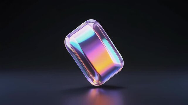Rectangular prisms with holographic sheen rotate slowly in studio lighting against a dark reflective surface
