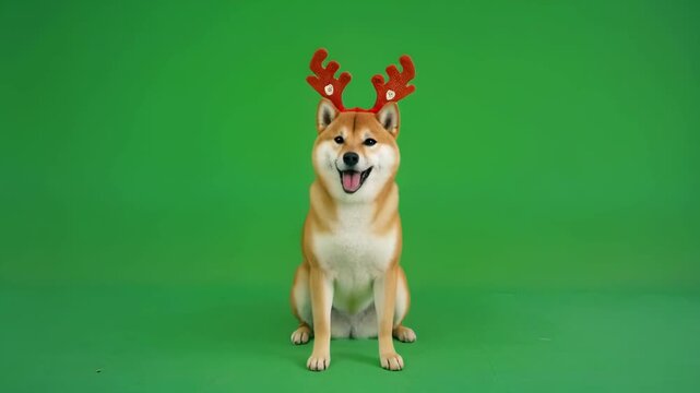 Shiba Inu dog wearing reindeer antlers sitting against a green screen during Christmas celebrations