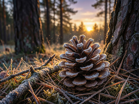 Pomme de pin brune pos&eacute;e sur le sol d'une for&ecirc;t de conif&egrave;res au coucher du soleil dor&eacute;, atmosph&egrave;re automnale