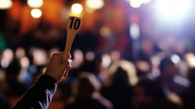 Person Raising Wooden Paddle with Number 10 at Live Auction