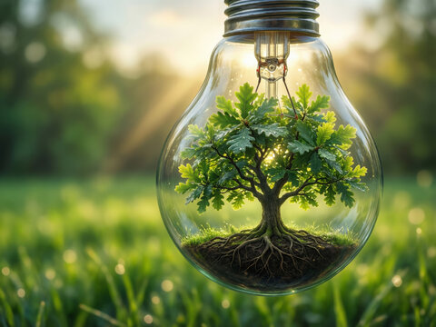 Ampoule en verre classique avec un ch&ecirc;ne miniature dans une prairie verte printani&egrave;re &eacute;clair&eacute;e de lumi&egrave;re solaire douce, concept &eacute;nergie verte durable