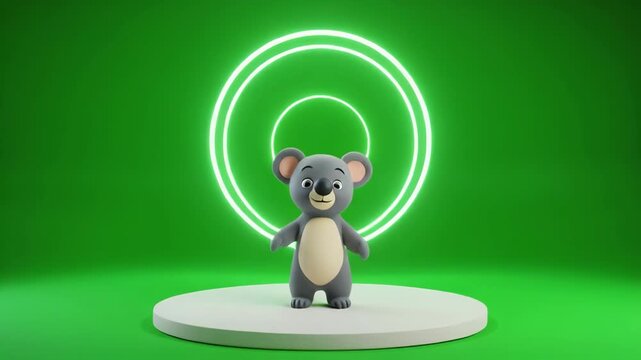 Whimsical koala character interacting with glowing neon rings on a vibrant green studio cyclorama