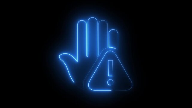 Prohibitory sign Animation with a raised hand with neon tringle icon. Danger warning with hand. prohibited Hand icon.4k motion video