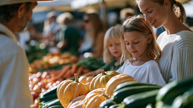 Vibrant colorful market vendor stall loaded with autumn harvest produce, crowded public space of weekend farmers market, September equinox seasonal abundance, family unit