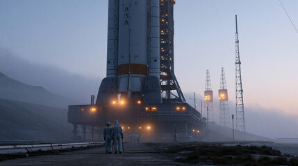 Fototapeta premium Ground crew technicians in safety gear perform final fuel line inspections beneath a towering orbital rocket on launch pad, predawn fog rolling across the coastal facility,