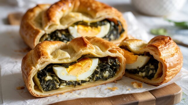 Italian cuisine. Easter cake by Torta Pasqualina. A traditional closed pie made of puff pastry or thin pastry, which was historically baked in Liguria at Easter.
