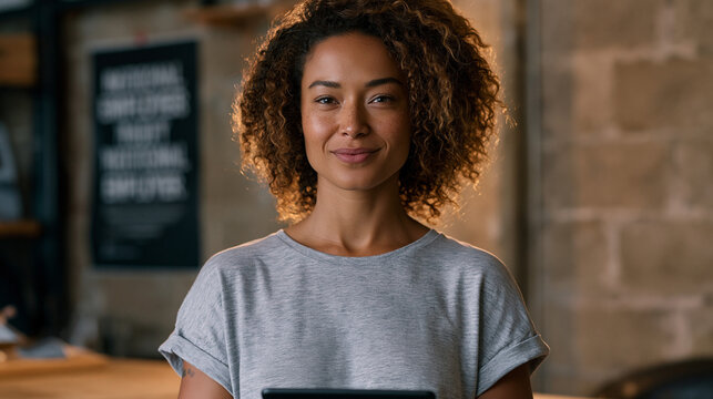 Warehouse worker in her mid-thirties standing at a break room table during a shift, upskilling reskilling workforce app open on a company-issued tablet showing a forklift