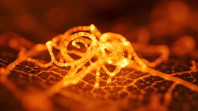 Abstract macro shot of vibrant orange leaf veins glowing with warm light while slowly intertwining in a seamless loop