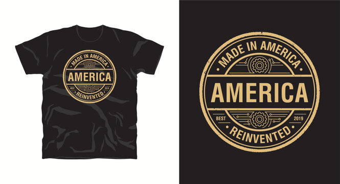 america reinvented t-shirt design concept with gear icon and vintage gold effect.